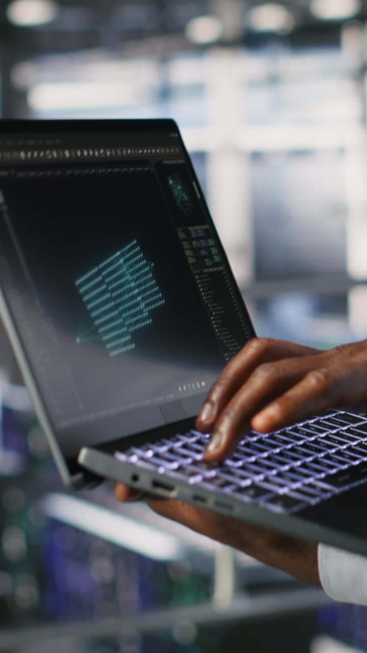Vertical video Server hub coworkers visualizing AI large language model using notebook