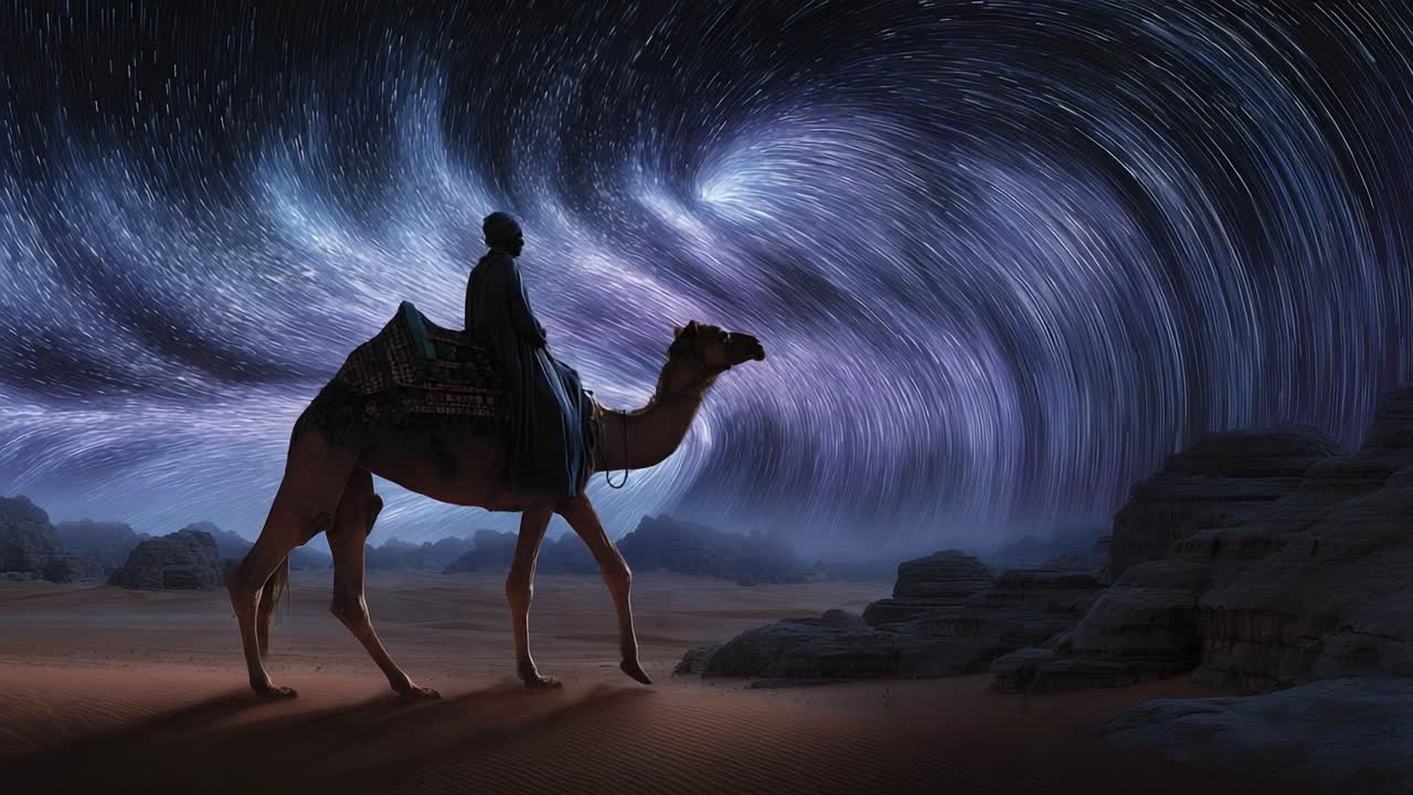 Majestic Journey Through the Desert Under a Cosmic Dance of Stars: A Solo Camel Rider Wanders Amidst Vibrant Swirls of Celestial Light and Cosmic Wonders