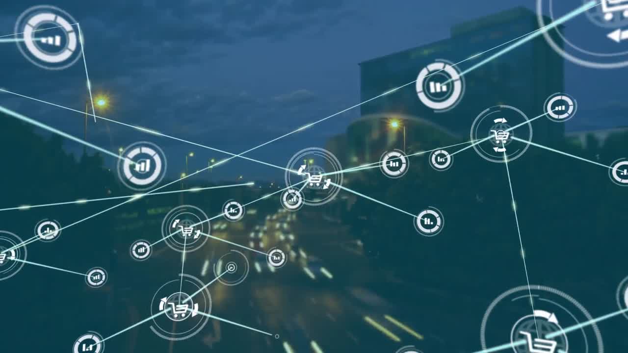 Animazione di elaborazione di statistiche e rete di connessioni su paesaggio urbano