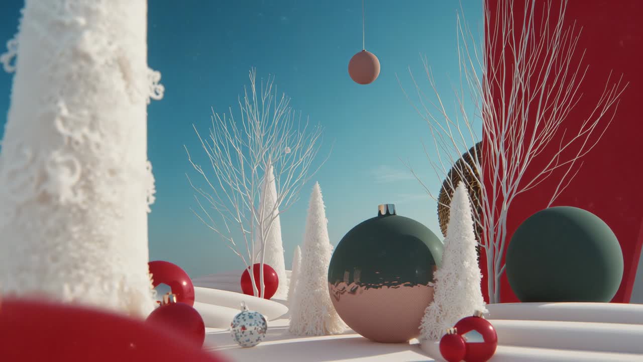 Racking focus camera through winter display, highlighting sharp red ornament and decorative trees