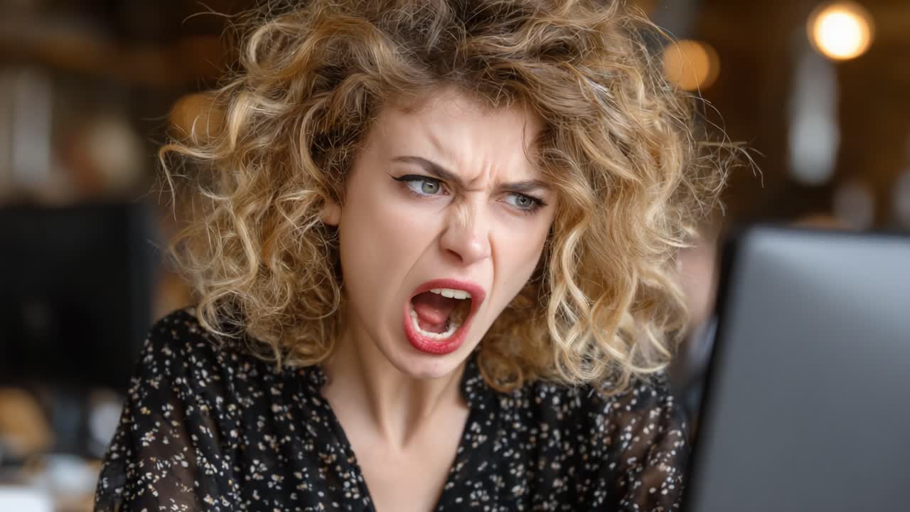 Intense Frustration: A Woman's Emotional Reaction Captured in Two Frames as She Engages with Her Computer Screen, Displaying Anger and Discontent
