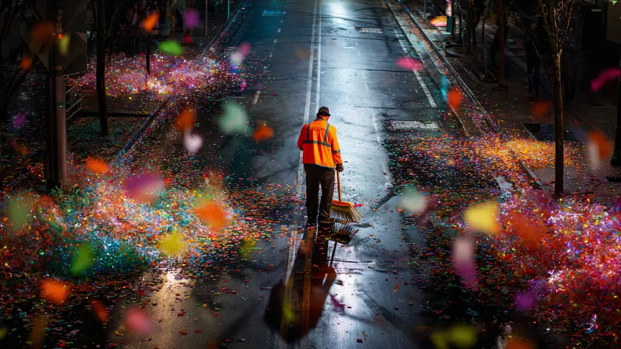 A solitary street cleaner in a reflective rain-soaked street diligently sweeping up vibrant confetti and colorful decorations after a celebratory event, surrounded by the remnants of festivity under city lights