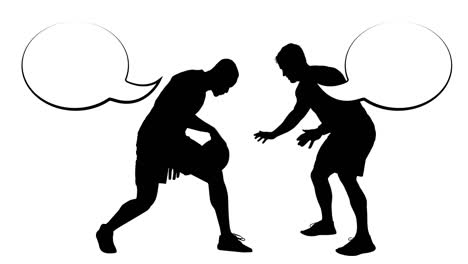 animation of silhouette of basketball players with speech bubbles on white background