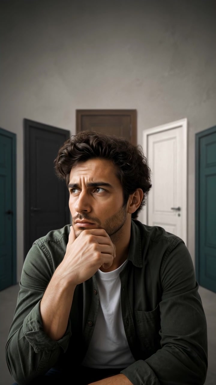 Man Sitting Contemplating Open Doors Uncertain, Dim Hallway With Multiple Colored Doors Behind Him, Hand