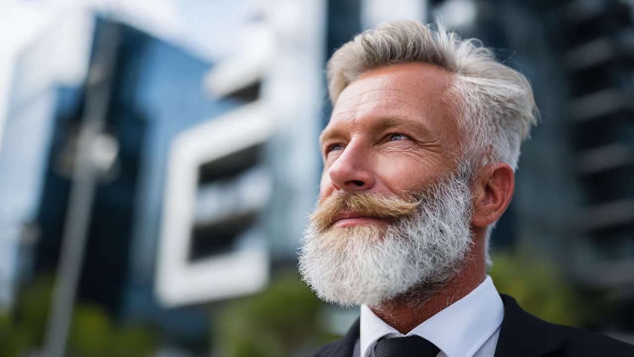A Distinguished Gentleman with a Gray Beard and Stylish Mustache Poses Confidently Against a Modern Urban Background, Embodying Sophistication and Charm