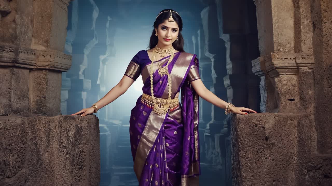 Indian woman wearing vibrant purple sari, adorned with gold jewelry, standing gracefully inside ancient temple, highlighting traditional cultural attire and architectural setting