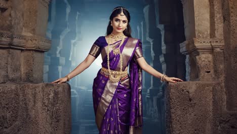 indian woman wearing vibrant purple sari, adorned with gold jewelry, standing gracefully inside ancient temple, highlighting traditional cultural attire and architectural setting