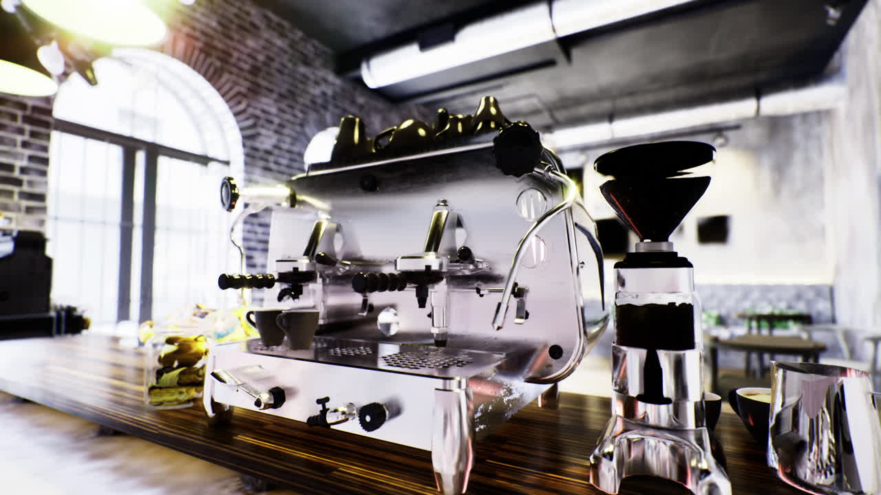Macchina da caffè espresso moderna che brilla sotto le luci di un bar cittadino in un'atmosfera vivace