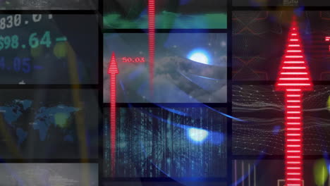 animación de flechas y procesamiento de datos financieros en pantallas