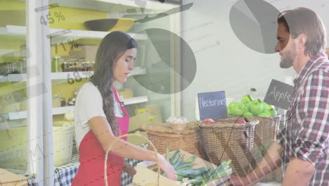 data analytics and statistics animation over grocery store scene with customers and staff