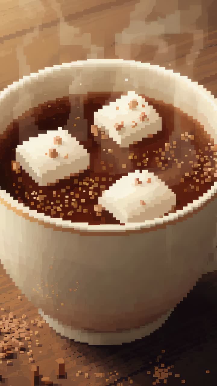 Video verticale: calore crescente sopra una tazza bianca che forma pennacchi a forma di cuore su un tavolo con 3 marshmallow