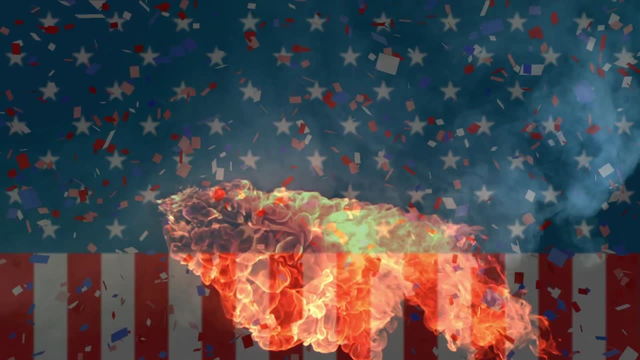 Animation of waving usa flag and flames