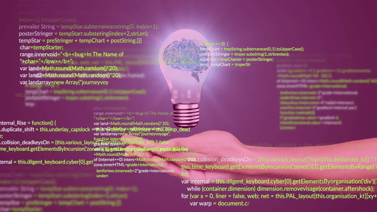 mano sosteniendo una bombilla con cerebro y animación de código sobre fondo púrpura