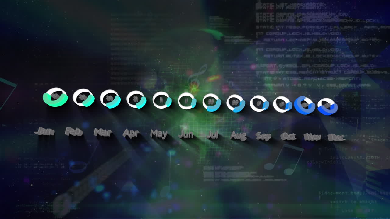 Animation of statistical data processing against musical elements and colorful light spots