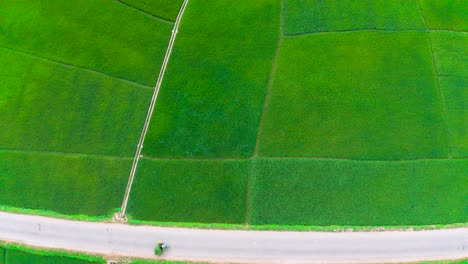 toma aérea desde arriba hacia la derecha de dolly e inclinación hacia arriba para revelar vastas tierras de cultivo enclavadas en un valle de montañas neblinosas