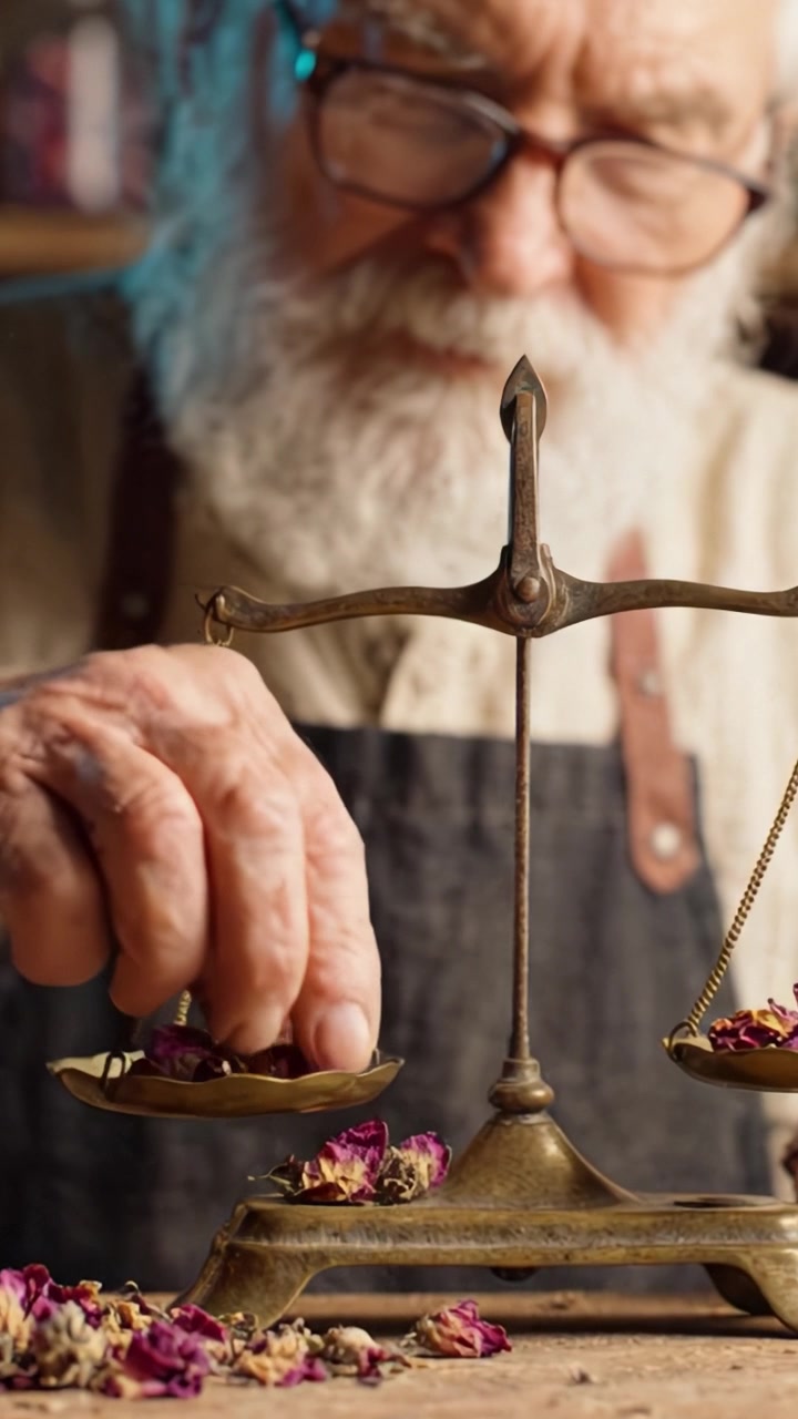 An elderly craftsman meticulously balances dried flowers on a vintage scale, showcasing the delicate art of measuring in a beautifully lit workshop environment.