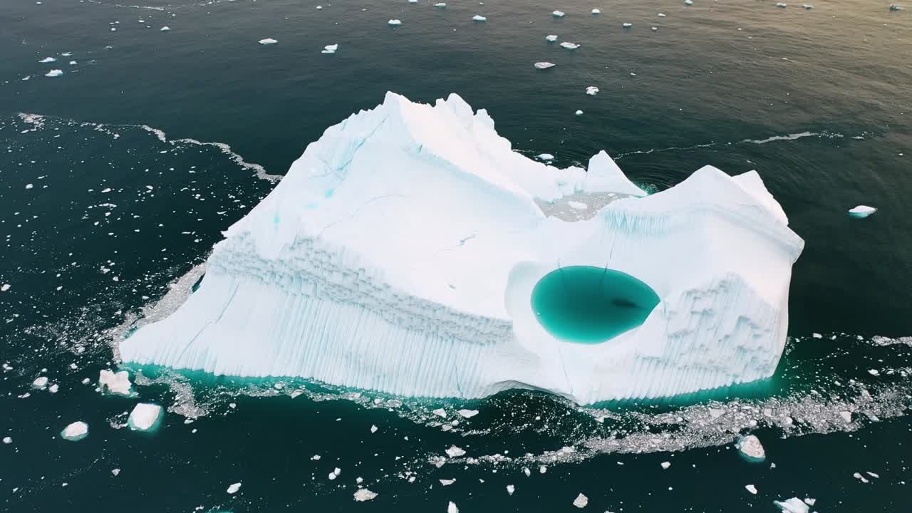 Aerial drone view of a massive iceberg with a turquoise meltwater pool floating in the Arctic sea of Greenland, showing natural ice textures and stunning glacial beauty