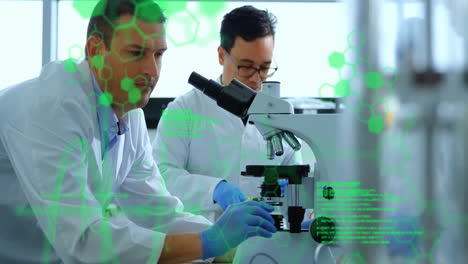 animación de la fórmula química y el procesamiento de datos sobre diversos científicos utilizando el microscopio en el laboratorio