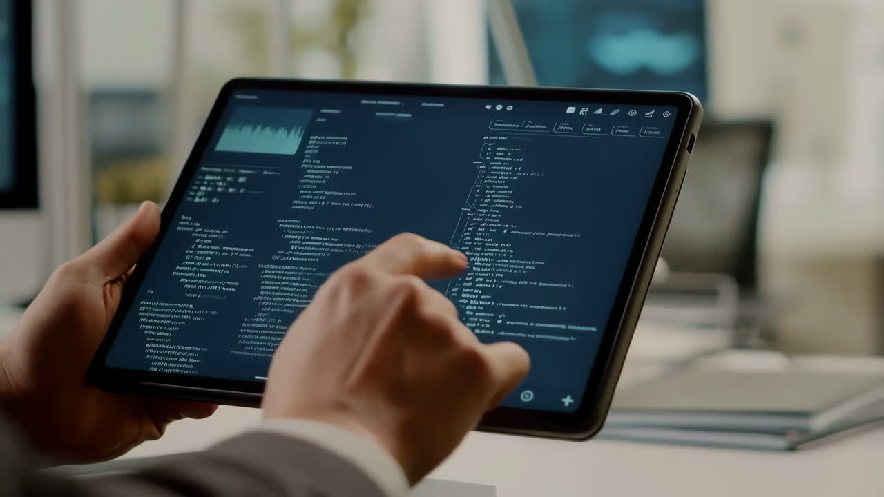 Close-up of hands interacting with a tablet displaying code and data