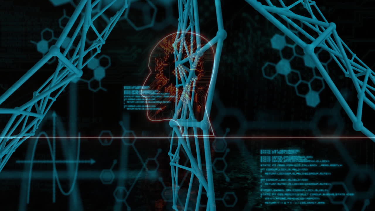 Circuit-board head being animated in dark interface, flanked by blue molecular lattice, code lines