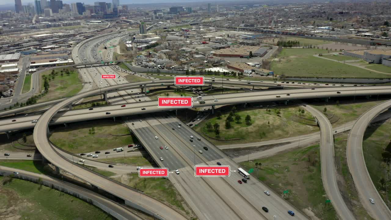 모션 그래픽 영상은 고속도로에서 가상으로 감염된 사람들을 표시합니다.