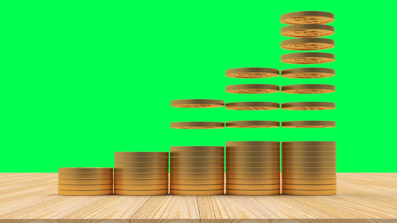 3D animation of falling and stacking dollar coins in a graph on a green screen. 4K