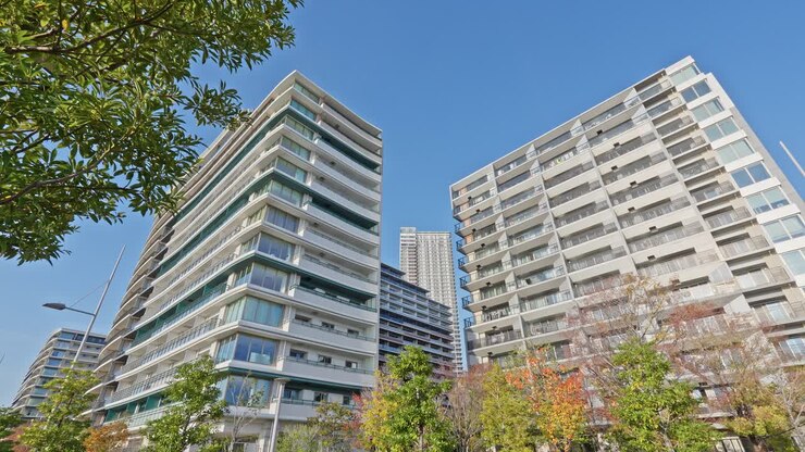 Torri residenziali moderne del complesso Harumi Flag, incorniciate dal verde e dagli alberi autunnali con un cielo blu sullo sfondo