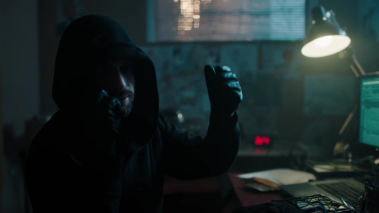 Hacker con felpa che lavora al computer in una stanza buia