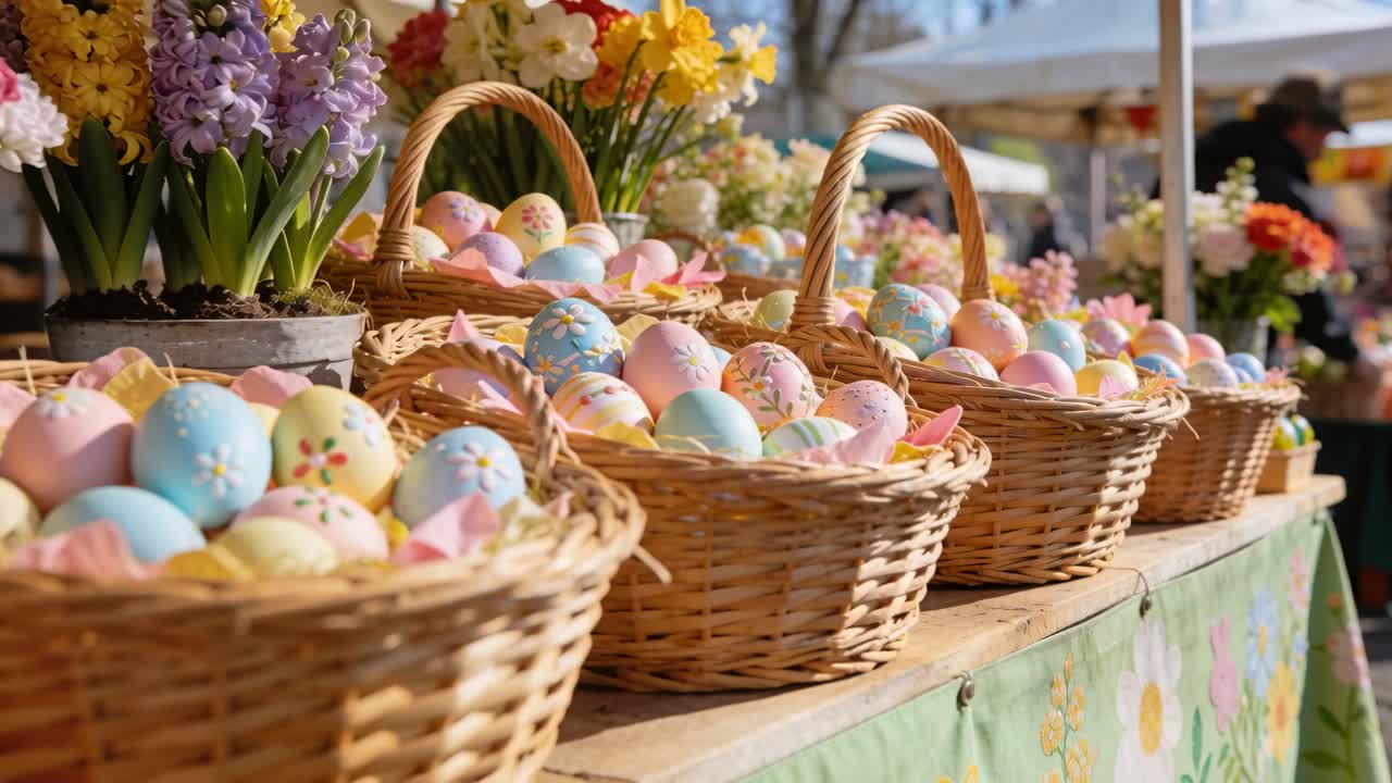 Panning camera revealing wicker baskets at market stall table, showing pastel eggs and flowers