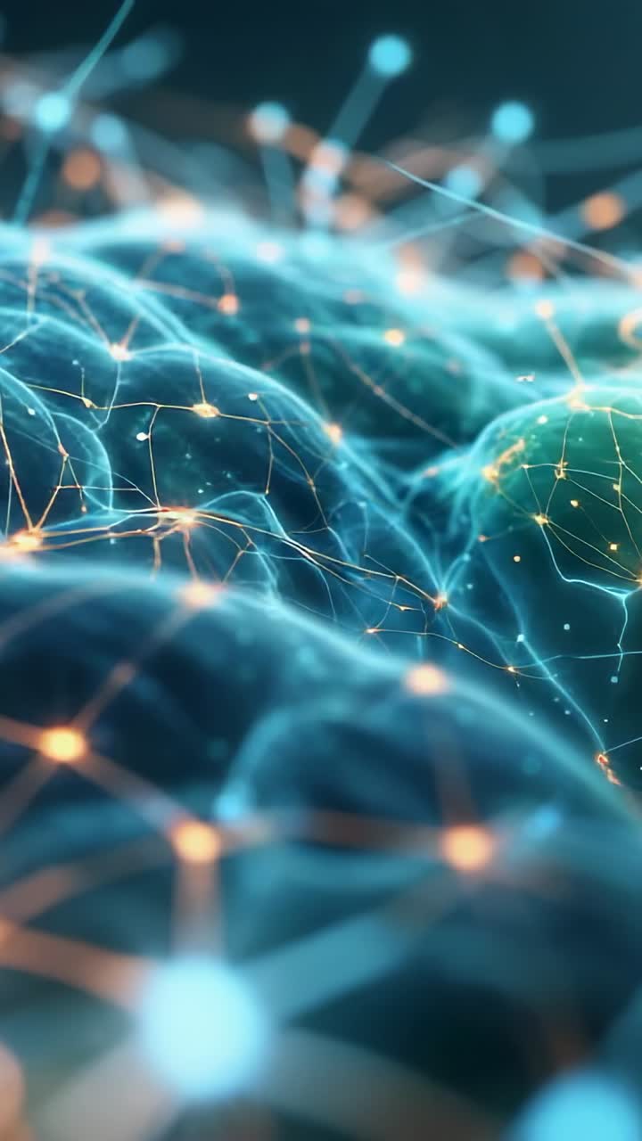 Vertical video: Rolling waves pulsing in digital network space, with glowing nodes, lines, specks