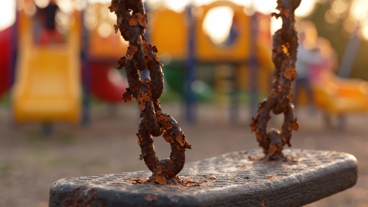 En rusten gynge i skumringen: Fanger en nostalgisk legepladsscene fyldt med barndomsminder og forladt sjov på en stille aften