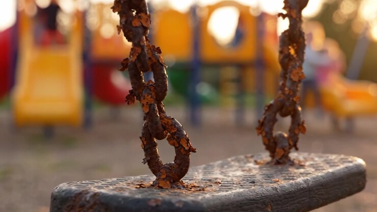 Un'altalena arrugginita al tramonto: cattura una scena nostalgica di parco giochi piena di ricordi d'infanzia e divertimento abbandonato in una sera tranquilla.