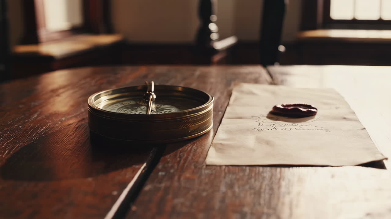 Antique Compass and Letter on Wooden Desk