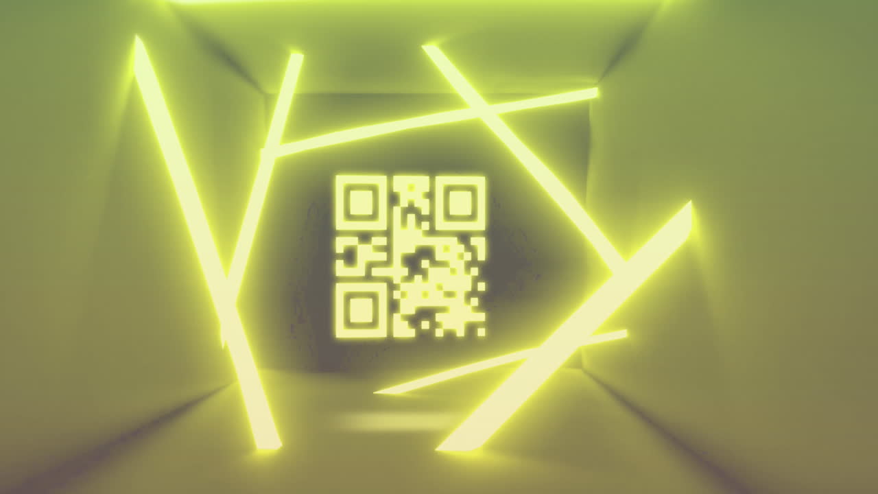 Animation of qr code with neon lines on yellow background