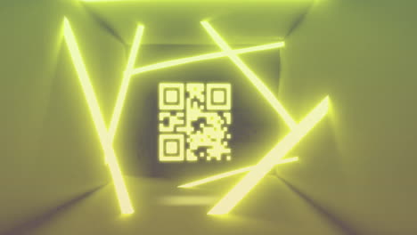 animation of qr code with neon lines on yellow background