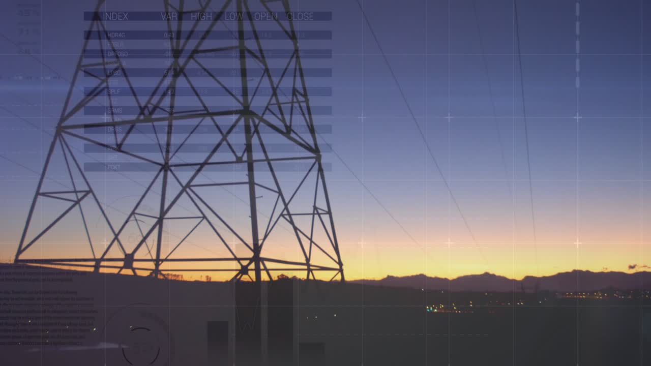 Animation of financial data and graphs over cityscape and line
