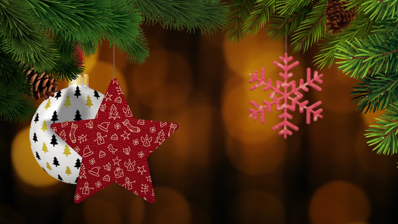 los adornos de navidad y los pinos se balancean en un fondo bokeh en bucle