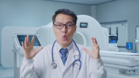 close up of asian male doctor showing gesture hands palm, saying wow, and smiling with mri machine in the hospital
