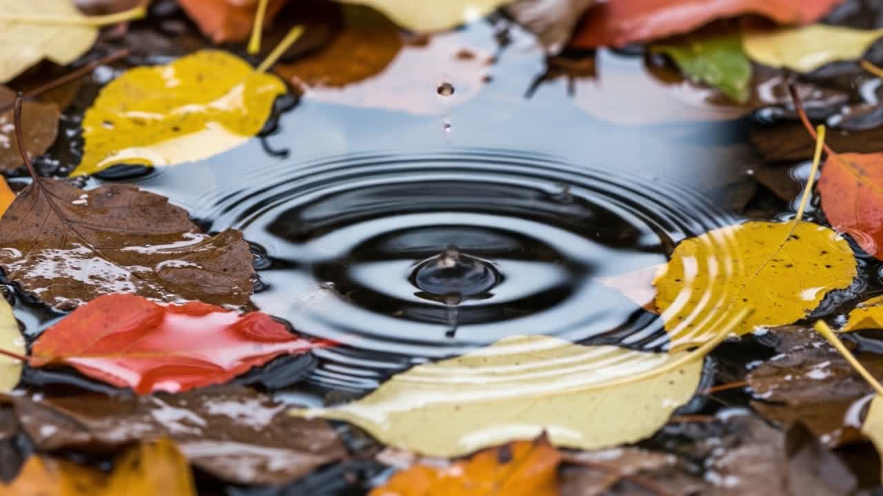 Capturing the Serene Beauty of Autumn: Raindrops Creating Ripples on a Colorful Canvas of Fallen Leaves in Still Water