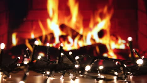 winter fireplace and christmas lights decoration