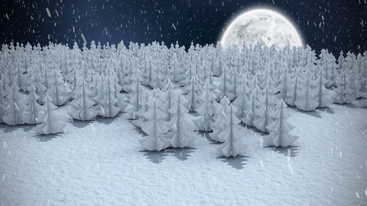Animazione di neve che cade su paesaggio notturno invernale con abeti