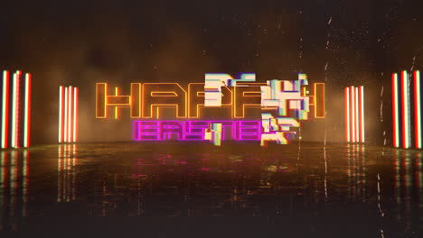 happy easter with neon lights on street in cyberpunk city