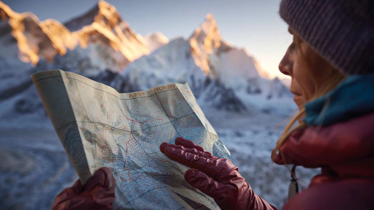 Close-up footage of a woman in winter gear studying a folded paper map with snowy alpine peaks in the background at sunrise, navigation and adventure travel concept