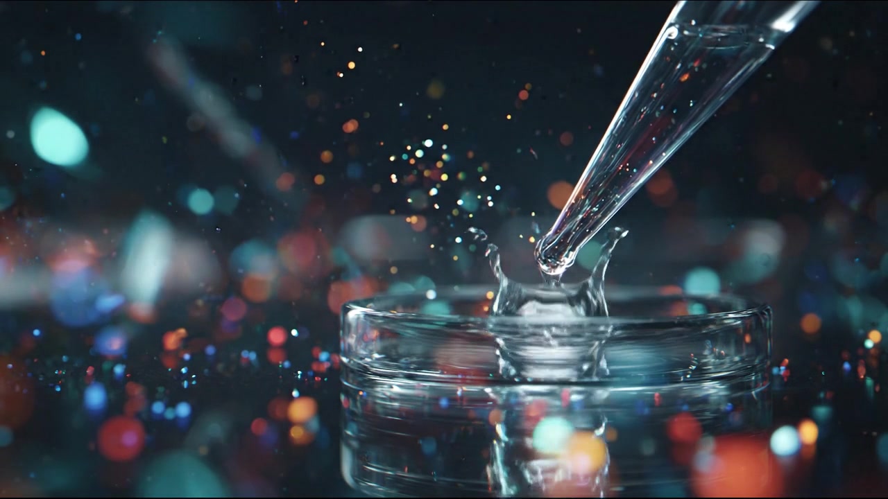 Strumento da laboratorio scientifico con particelle illuminate