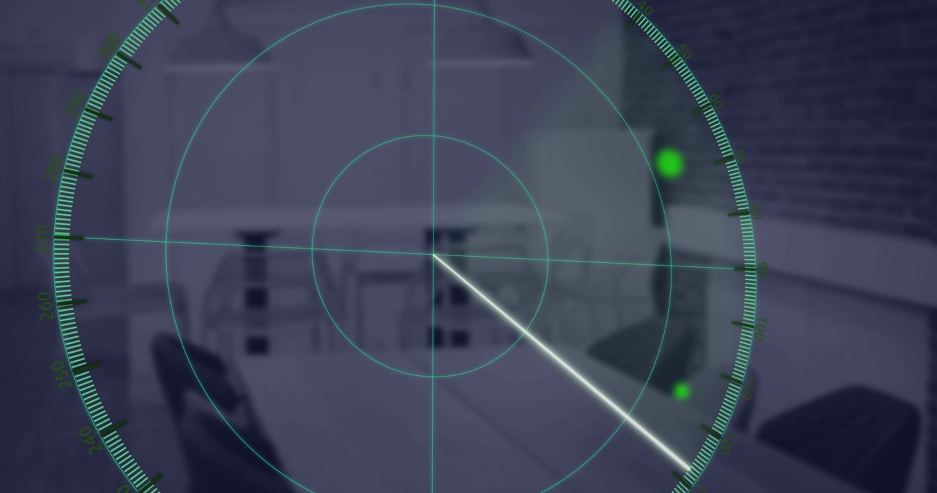 Animazione di uno scanner circolare che scansiona un ufficio vuoto
