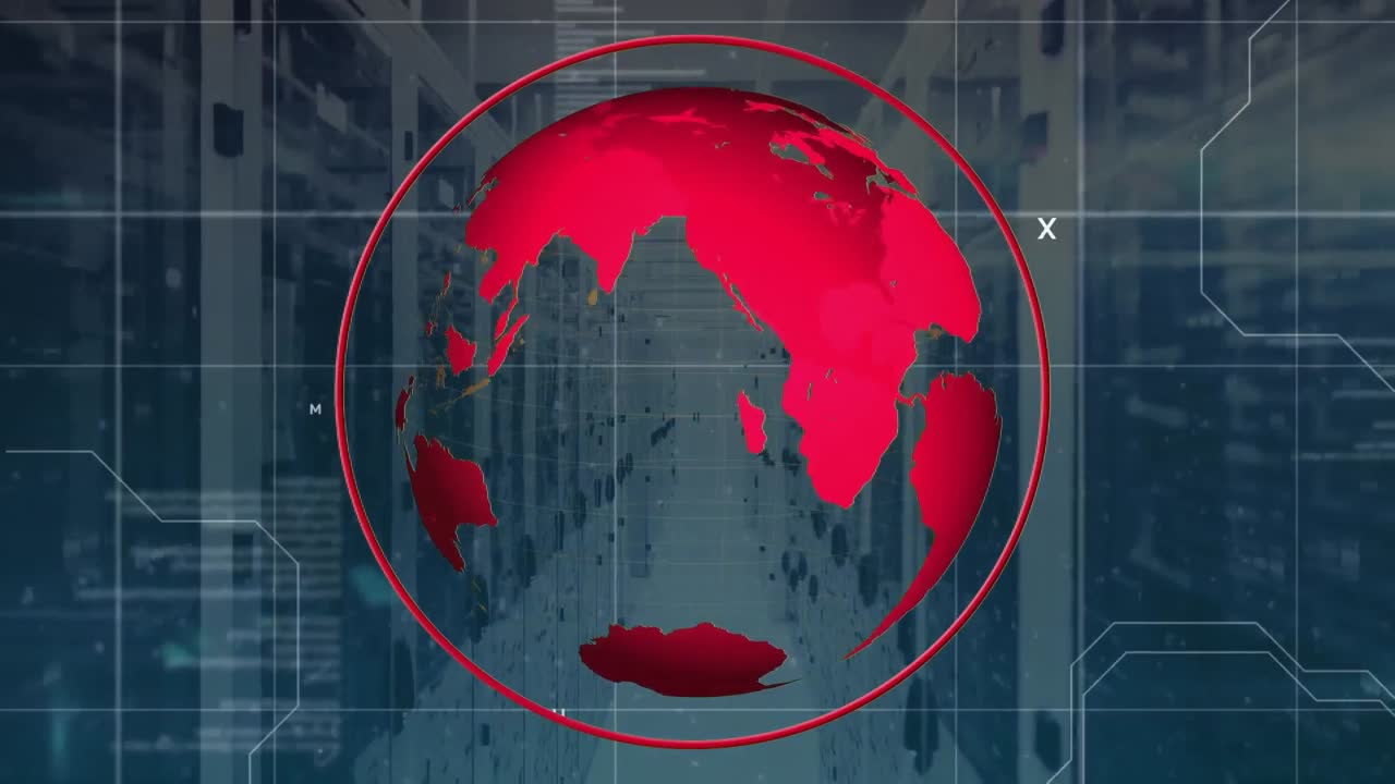 animación del globo giratorio y procesamiento de datos contra la sala de servidores de computadora