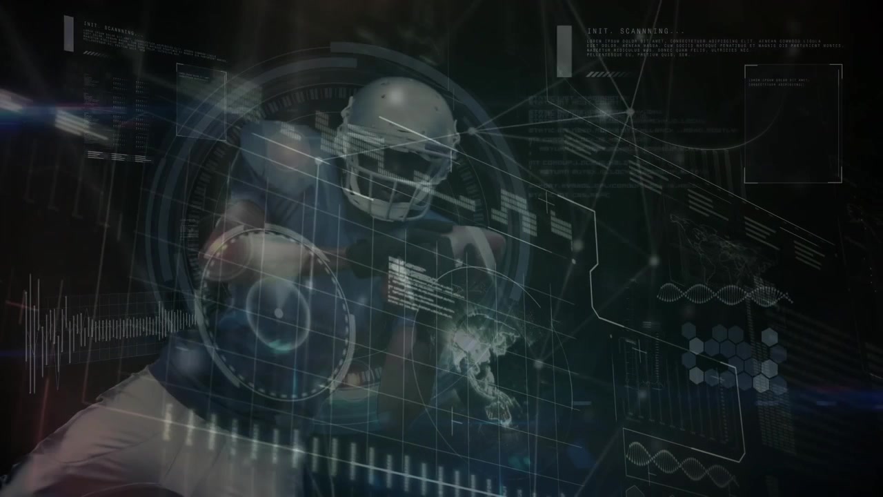 Animación de procesamiento de datos informáticos sobre un jugador de fútbol americano