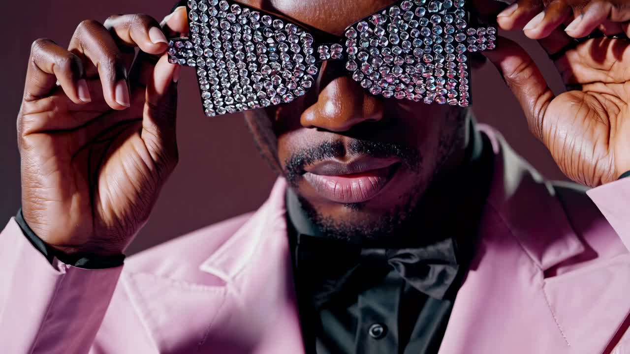 핑크색 슈트와 타이를 입은 자신감 넘치는 우아한 남자가 어두운 배경에 고립되어 있는 타이어 모양의 사치스러운 다이아몬드 안경을 조정하고 있습니다.