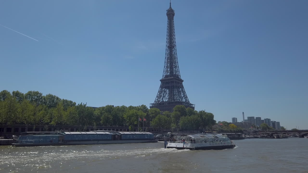 Peniche Tour Boat On Seine River Passing The Eiffel Tower, Paris, France