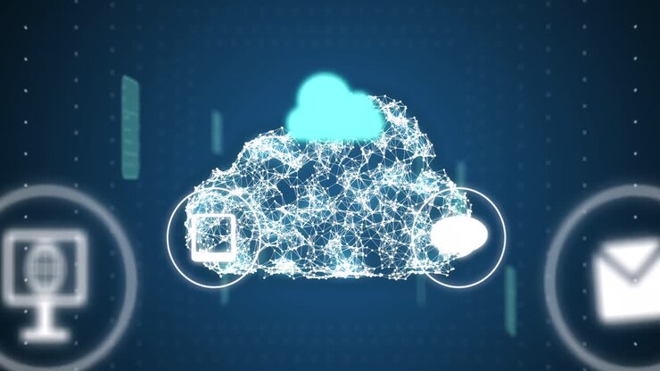 Animation of media icons and clouds over data processing